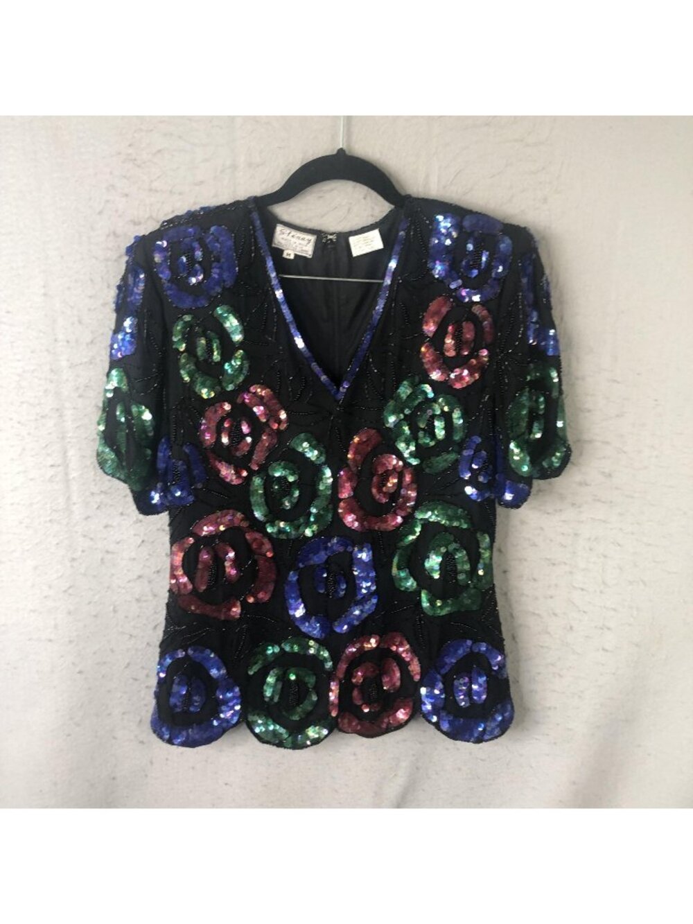 Statement Sequin Top M Black Floral Beaded Party Cocktail Silk Stenay Vintage